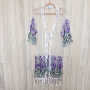 ASHA Embroidered Sheer Kimono Cardigan OS White Floral Fringe Boho Festival